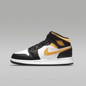 Jordan 1 Mid Kids' Shoes in White, Black, and Gold